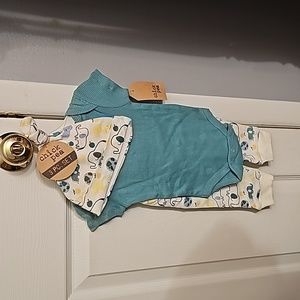 NWT 0-3m 3ps Cick Pea elephant pants and hat and teal one-sie.